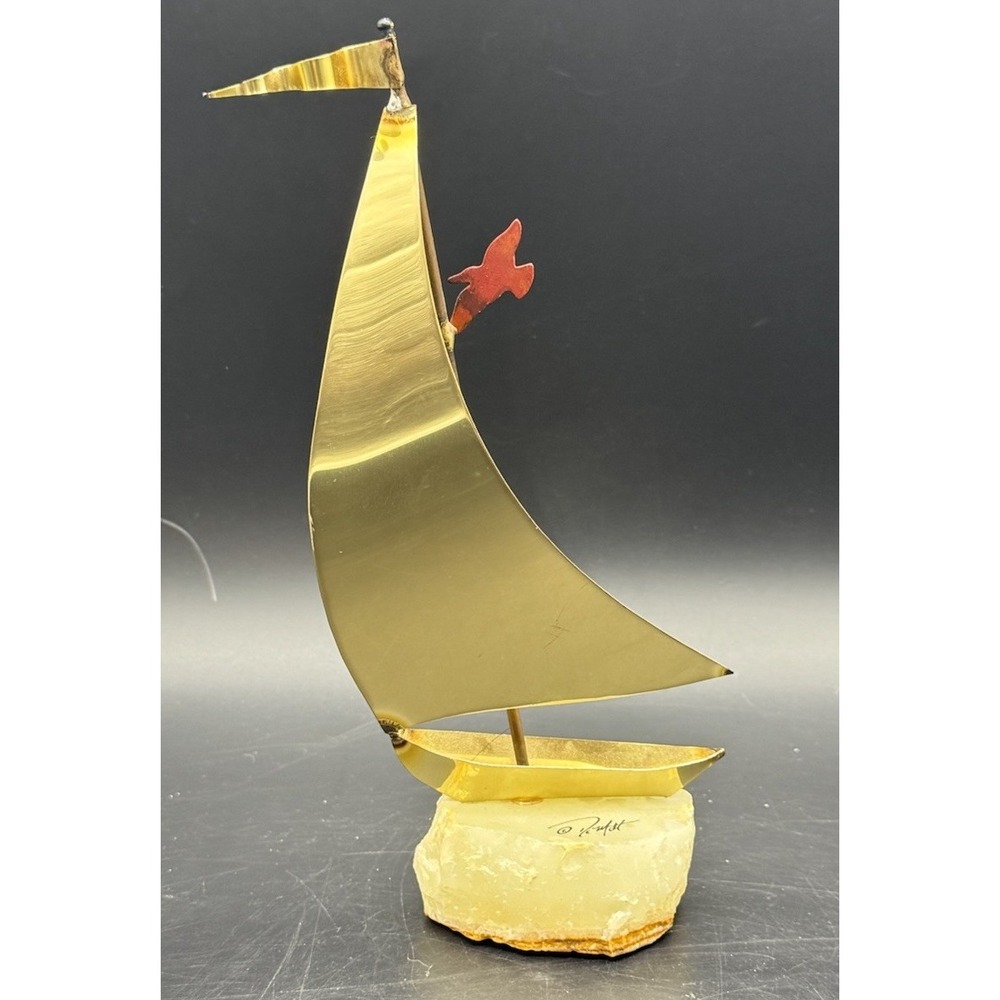 Vintage John DeMott Brass Sailboat Sculpture Signed Stone Base MCM